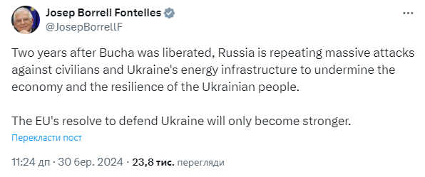 Допис Жозепа Борреля. Фото: скриншот