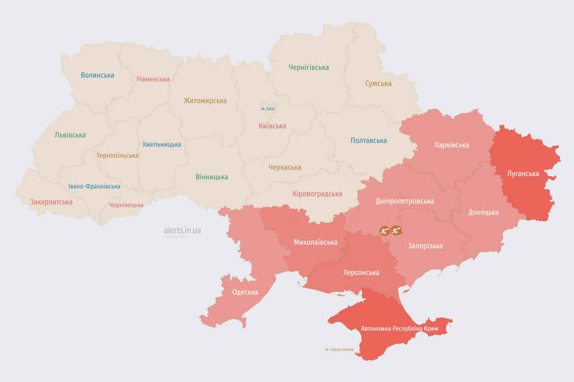 Карта воздушных тревог в Украине сегодня 17 января