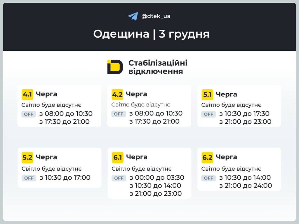 Графіки відключень світла в Одесі 3 грудня