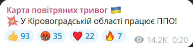 Скриншот повідомлення з телеграм-каналу "Карта повітряних тривог"