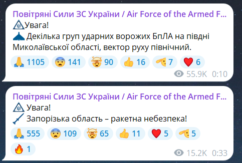 Скриншот сообщения из телеграмм-канала "Воздушные силы ВС Украины"