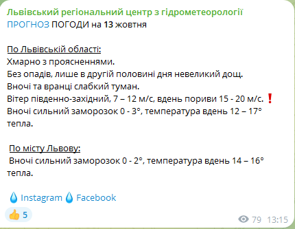Погода у Львівській області та Львові 13 жовтня