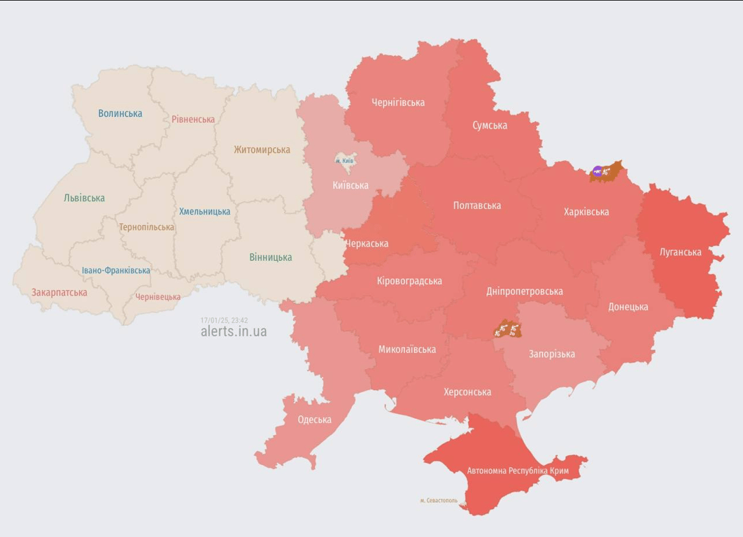 Повітряна тривога пізно ввечері 17 січня 2025 року