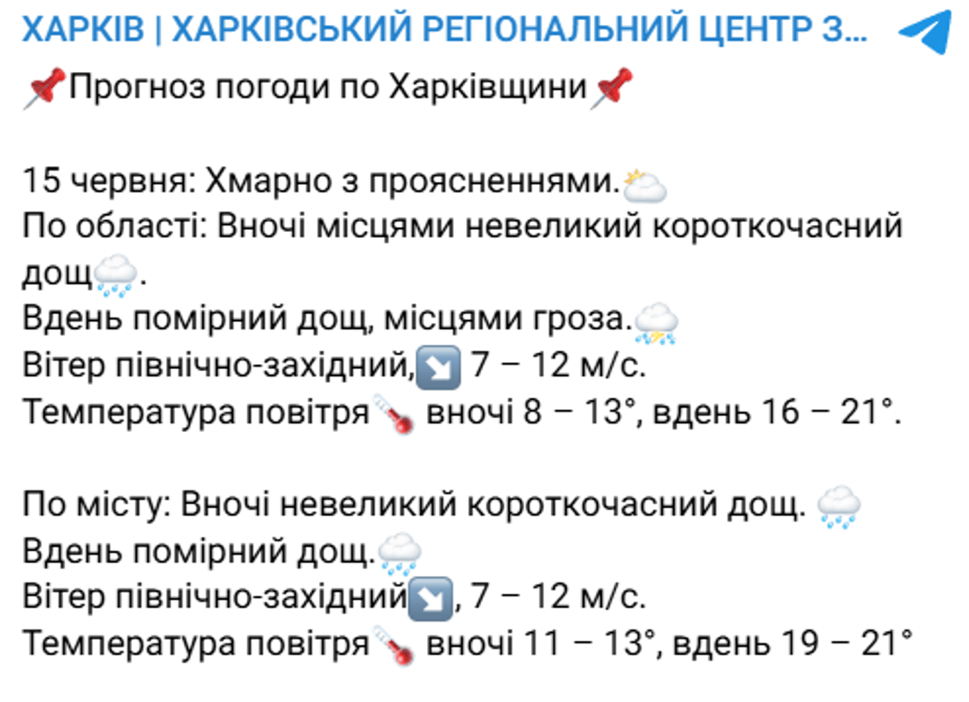 Погода у Харкові на 15 червня