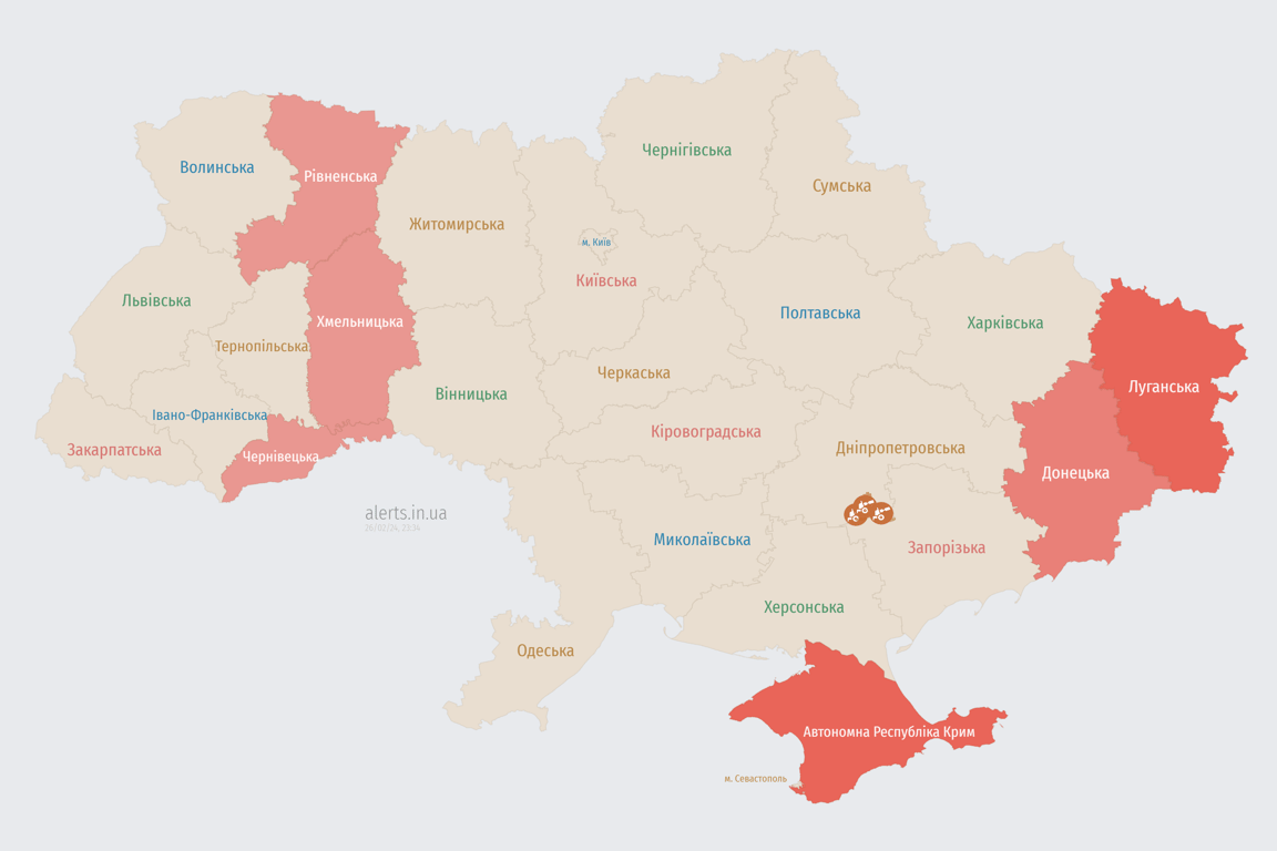 Мапа повітряних тривог в Україні 26 лютого