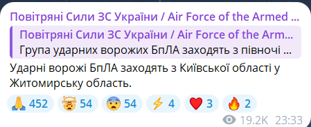 Скриншот сообщения из телеграмм-канала "Воздушные силы ВС Украины"