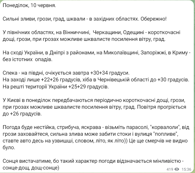 Прогноз погоди від Наталки Діденко на 10 червня