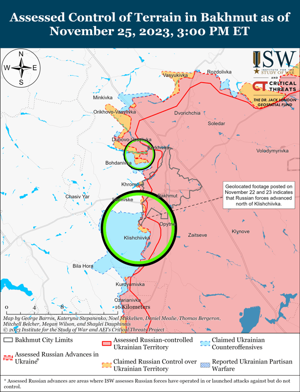 Карта бойових дій на Бахмутському напрямку від ISW