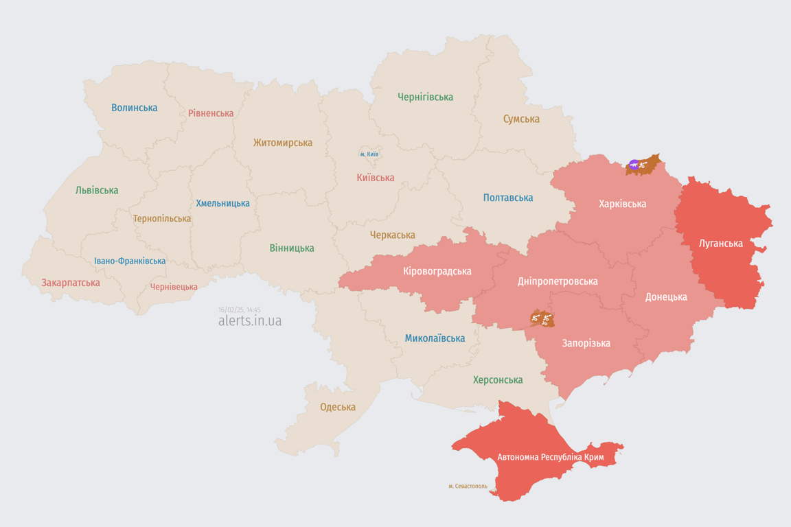 Карта повітряних тривог 16 лютого