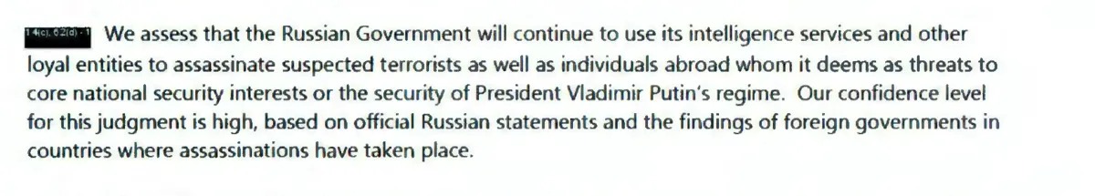 Фрагмент отчета разведки США и причастности РФ к убийствам за пределами страны. Фото: Bloomberg