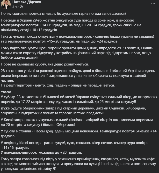 Синоптик Діденко розповіла, чого чекати від погоди на вихідних і попередила про небезпеку