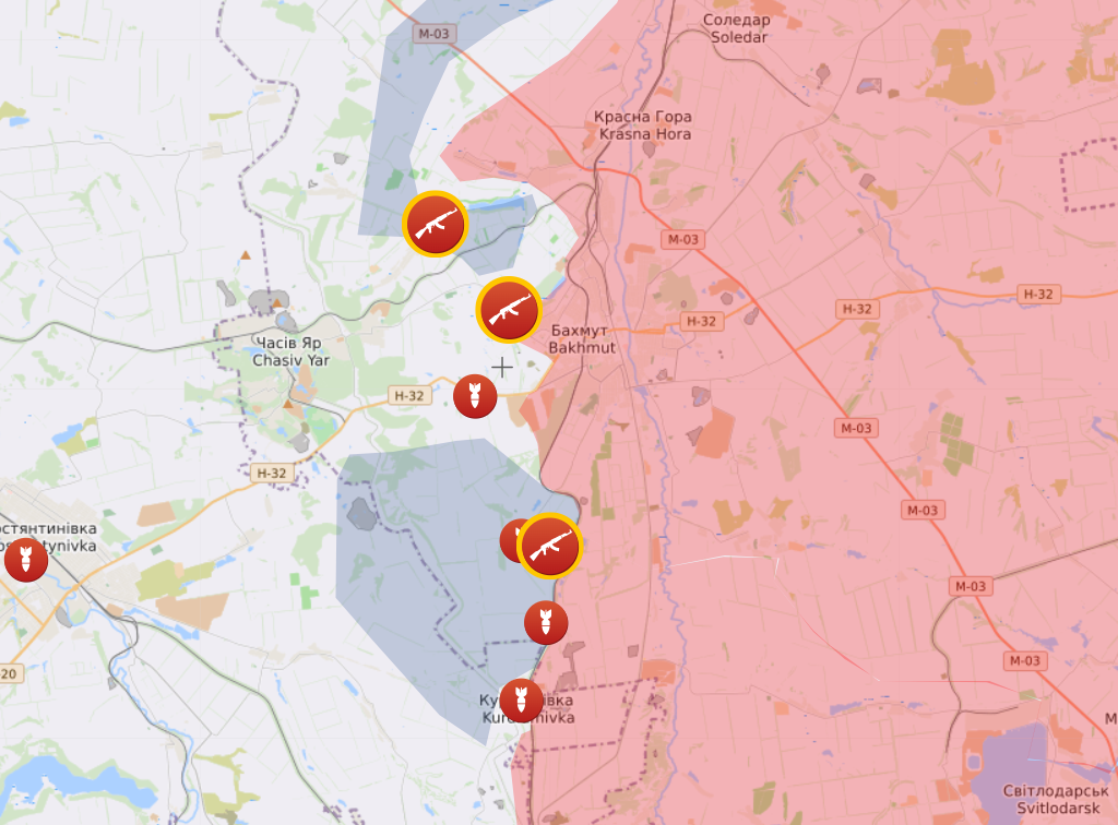 Карта боевых действий на Бахмутском направлении от Liveuamap
