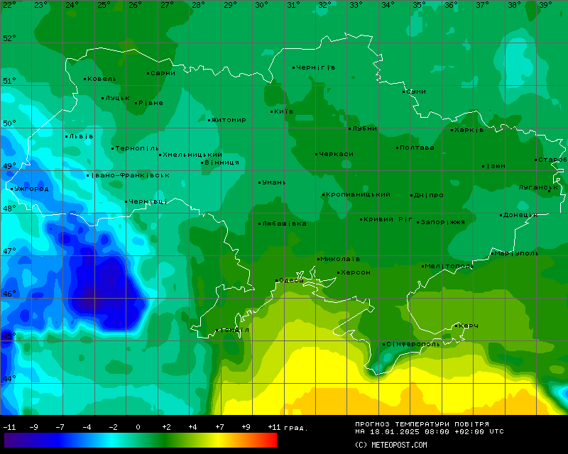 Карта температур на 18 січня 2025 року