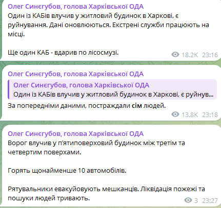 Синєгубов про російські удари по Харкову 2 жовтня