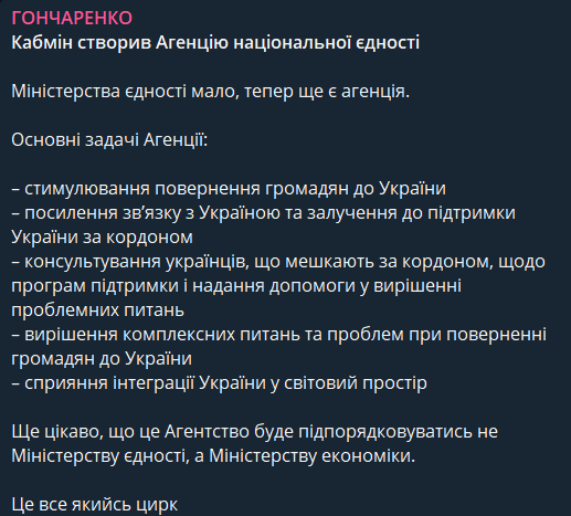 В Україні створили Агенцію національної єдності