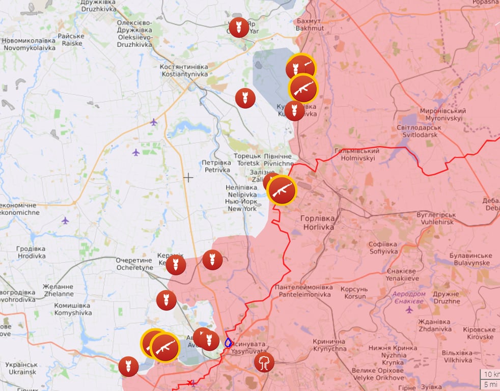 Карта боевых действий на Авдеевском и Бахмутском направлениях от Liveuamap