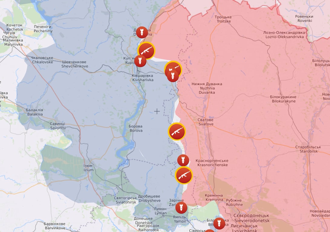 Карта боевых действий на Купянском и Сватовском направлениях от Liveuamap