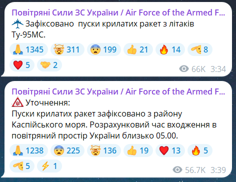 Скриншот повідомлення з телеграм-каналу "Повітряні сили ЗС України"