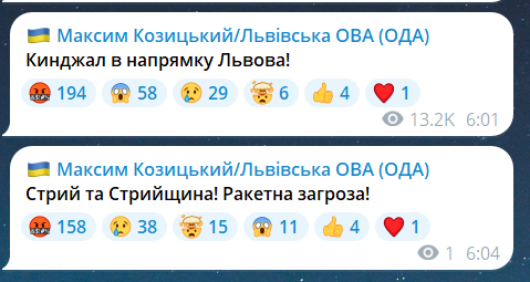 Скриншот повідомлення з телеграм-каналу голови Львівської ОВА Максима Козицького