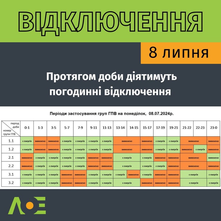 Інформація про відключення світла на Львівщині 8 липня. Фото: Львівобленерго