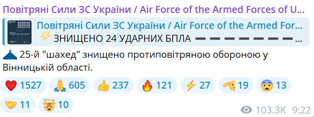 Сили ППО збили усі 25 дроків камікадзе