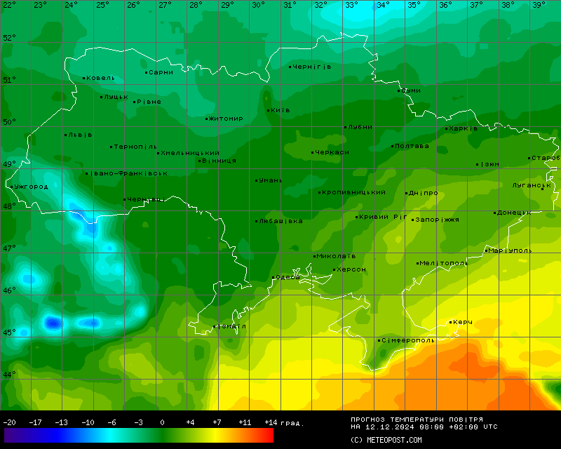 Карта температур на 12 грудня