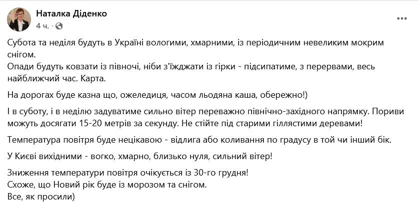 Новорічна погода — Діденко попередила українців на вихідні - фото 1