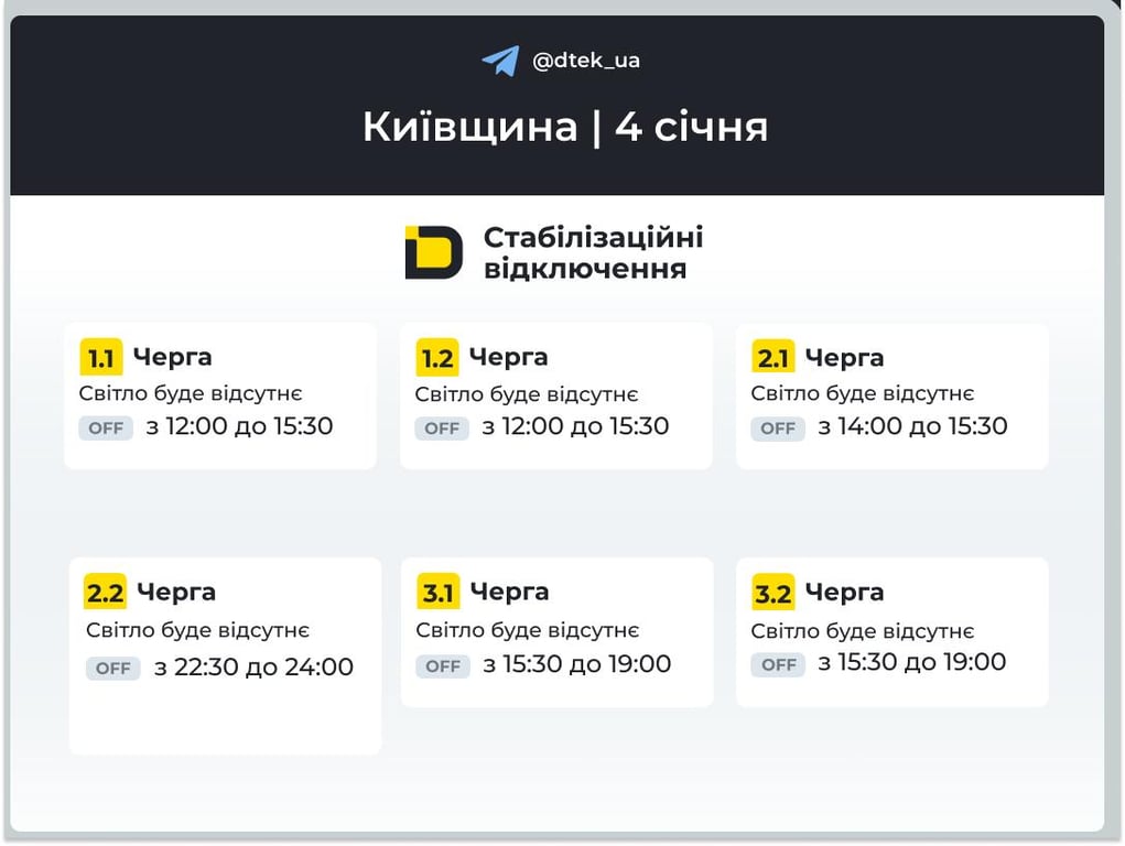 Відключення світла в Київській області 4 січня