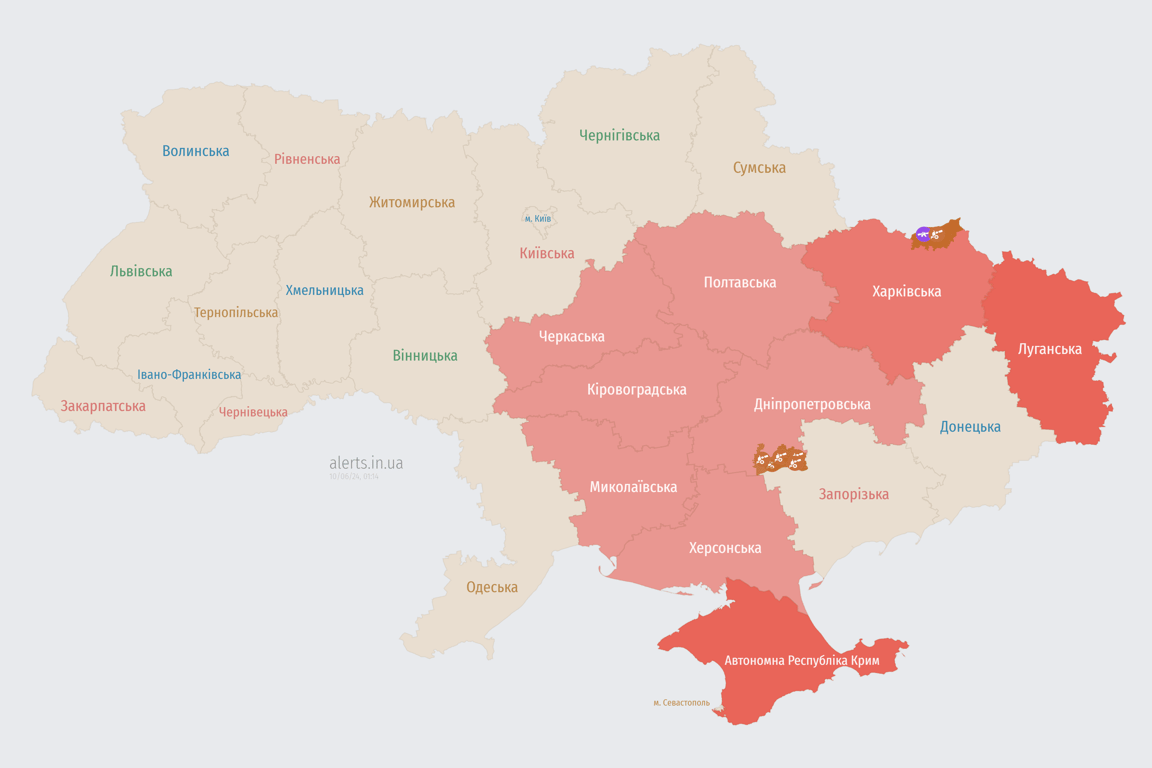 Мапа повітряної тривоги в Україні в понеділок, 10 червня