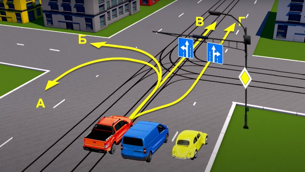 Тест з ПДР: за якою траєкторією дозволений рух червоному авто?