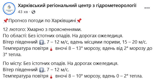 Прогноз погоди у Харкові 12 лютого