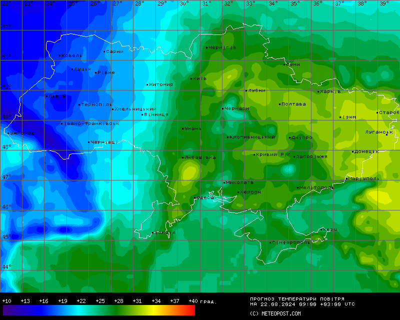 Карта температур в Украине на 22 августа
