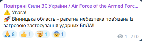 Скриншот сообщения из телеграмм-канала "Воздушные силы ВС Украины"