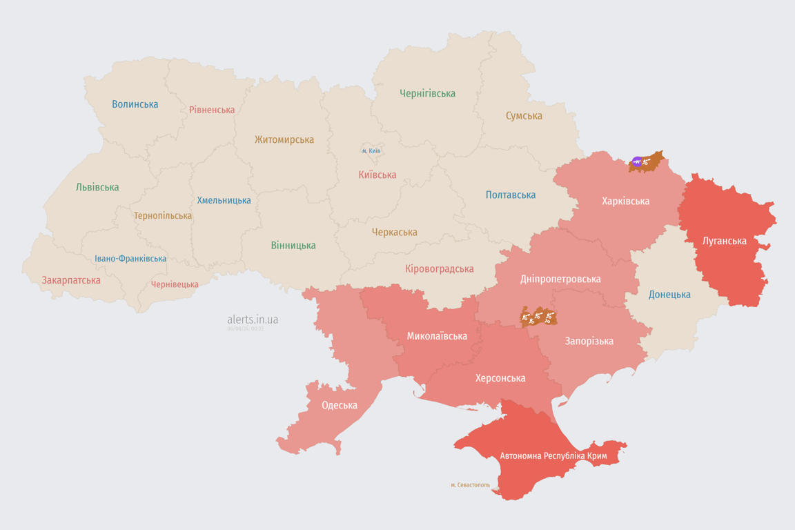 Мапа повітряної тривоги в Україні зараз 6 червня