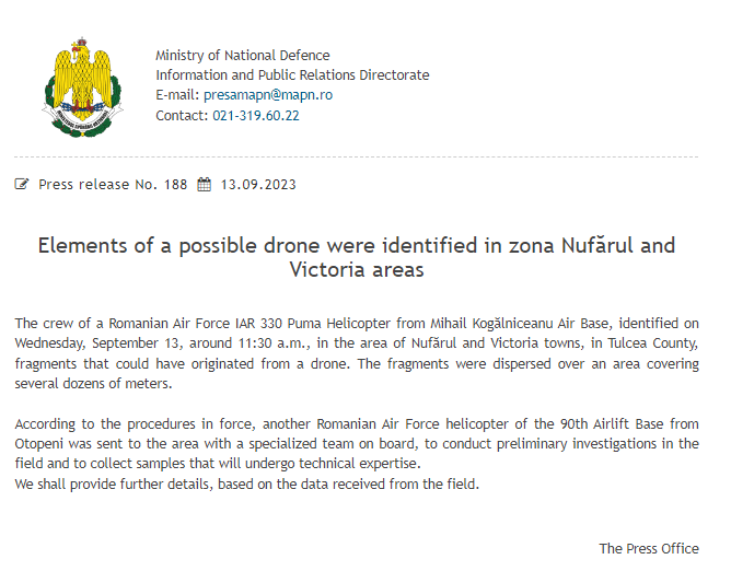 Допис Міністерства оборони Румунії. Фото: скриншот