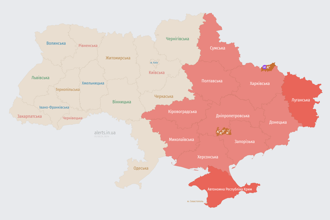 Карта повітряної тривоги в Харківській області 5 серпня
