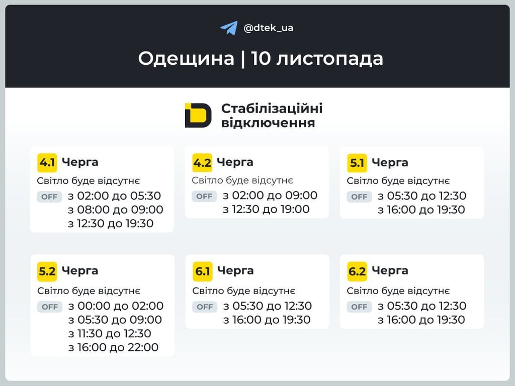 Графіки відключень світла на Одещині на 10 листопада