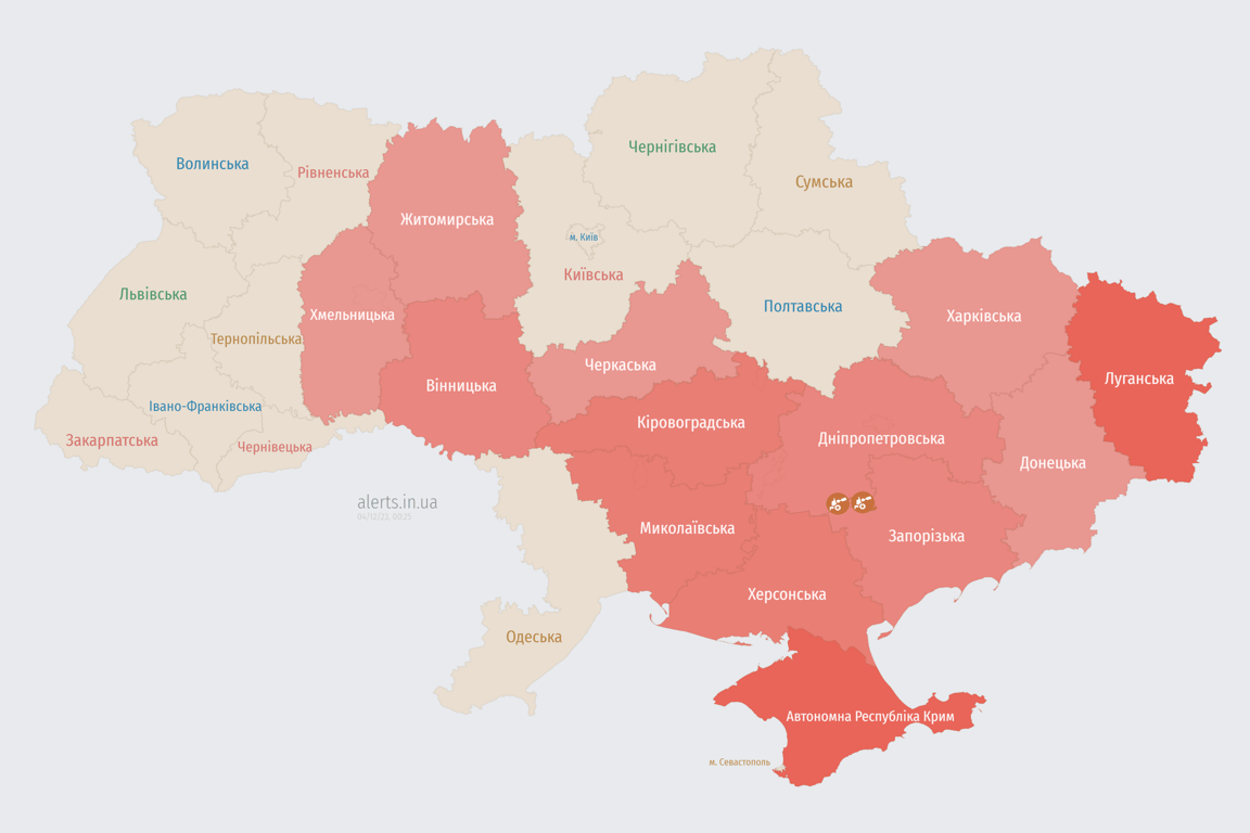 Мапа повітряних тривога в Україні сьогодні, 4 грудня