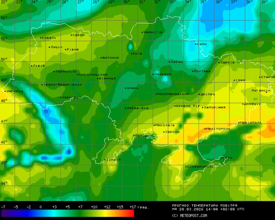 Карта з прогнозом температури повітря в Україні на 14:00 у п'ятницю, 20 березня, 2026 року