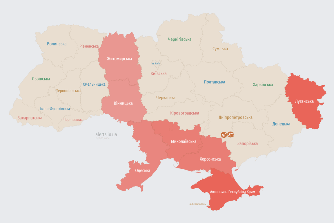 Мапа повітряних тривог в Україні сьогодні, 17 грудня