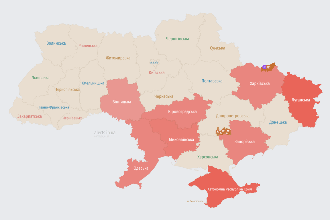 Мапа повітряної тривоги в Україні зараз 6 червня