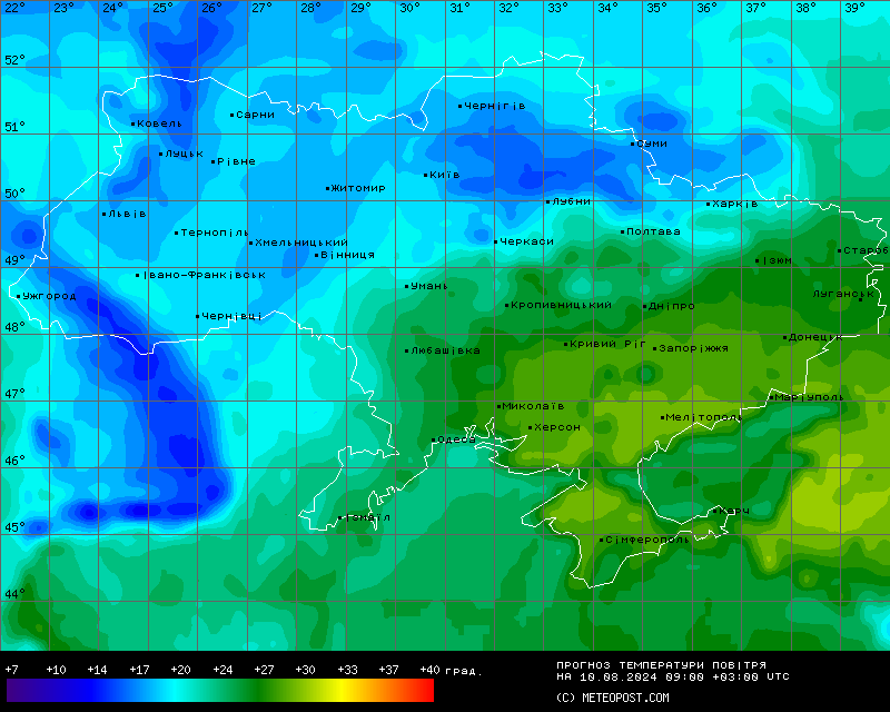Карта температур в Украине 10 августа