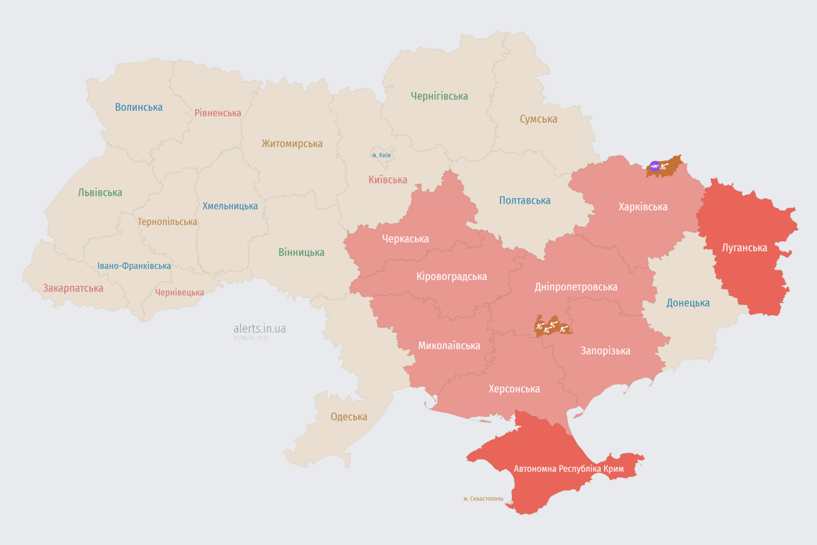 Карта повітряних тривог в Україні 21 червня 