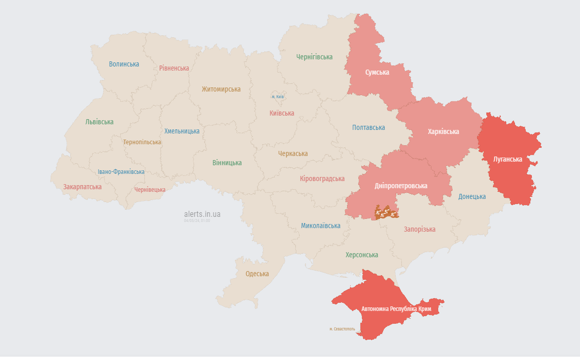 Карта повітряних тривог в Україні вночі 4 травня 