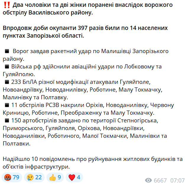 Четыре человека получили ранения в результате массированных обстрелов Запорожья - фото 1