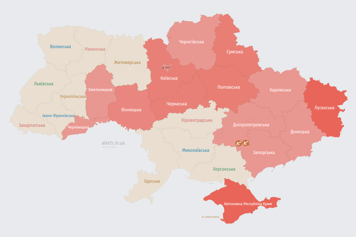 Карта воздушных тревог в Украине сегодня, 19 ноября