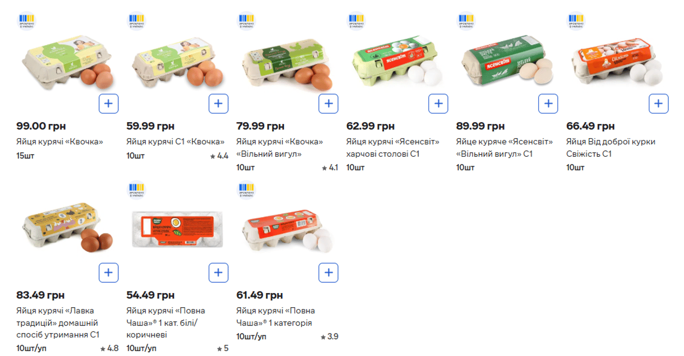 Цены на фасованные куриные яйца в Сильпо