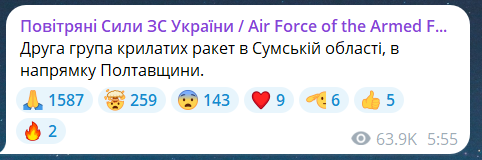 Скриншот повідомлення з телеграм-каналу "Повітряні сили ЗС України"