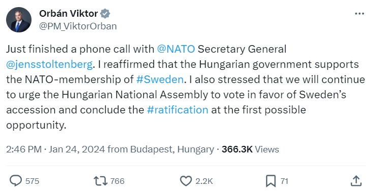 поддержка Венгрии по членству Швеции в НАТО