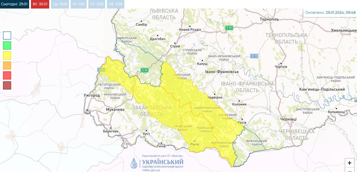 Карта снеголавинной опасности в Украине сегодня, 30 января, от Укргидрометцентра